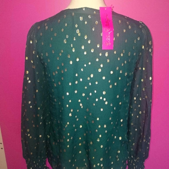 Lilly Pulitzer Green & Metallic Gold "Idina" Silk Blouse (NWT!) - Picture 8 of 10